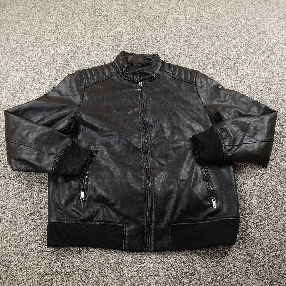 DKNY Jacket Mens XL Black Faux Leather Biker Moto Quilted Lined Zip Bomberâ Coat
